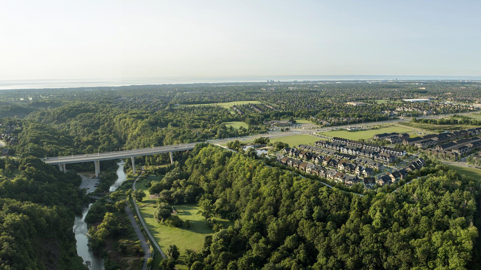 Aerial rendering of the Five Oaks community beside the Lions Valley Park woodlands