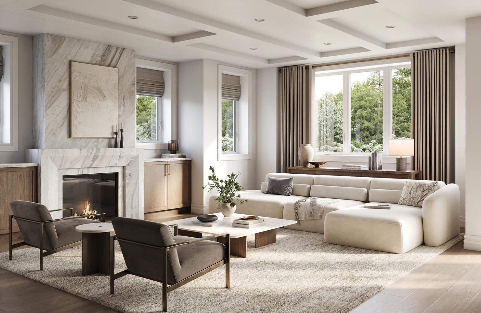 Light-filled great room with fireplace — singles