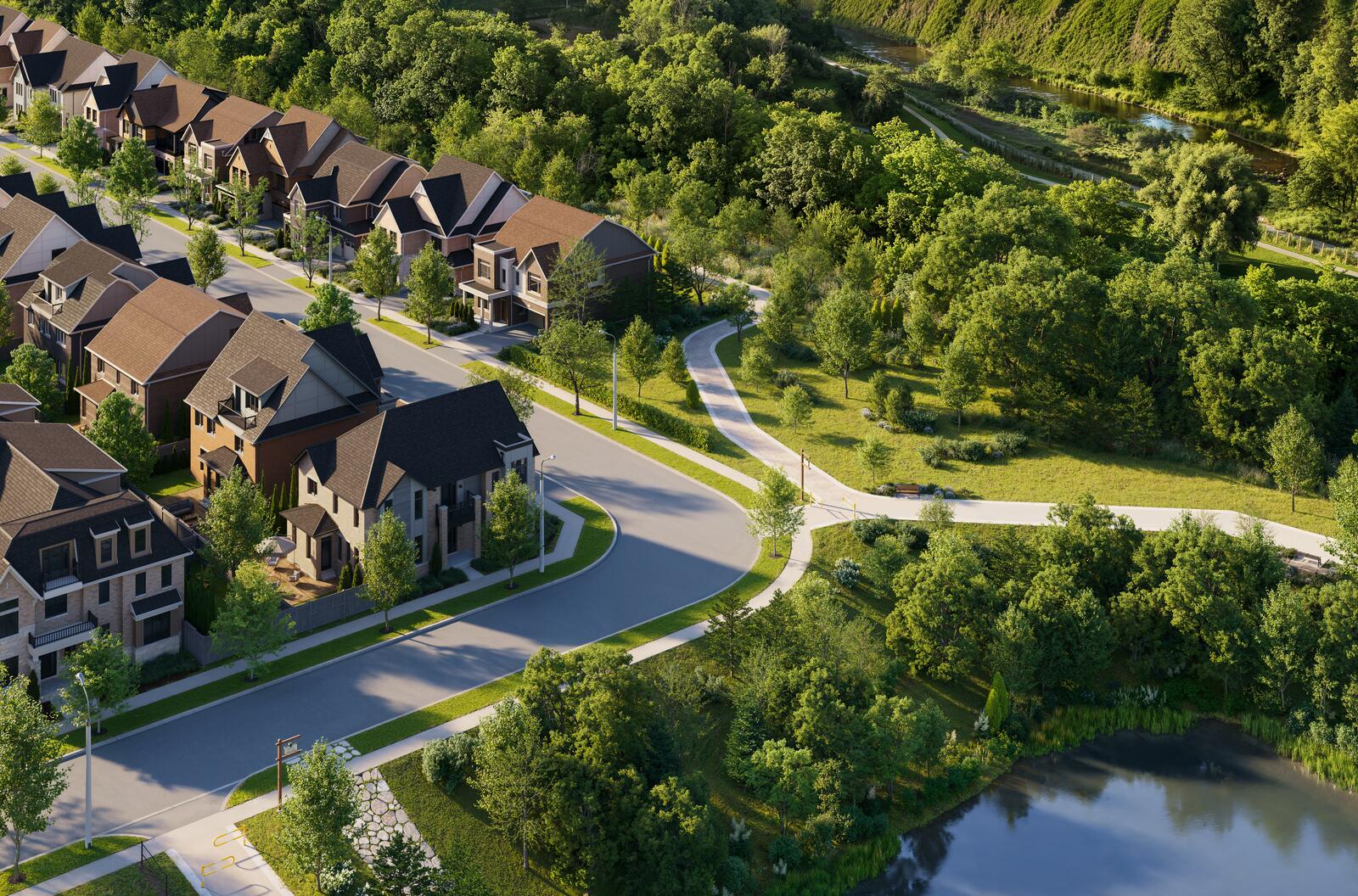 Aerial of the pond, pathways and homes beside the woodlot