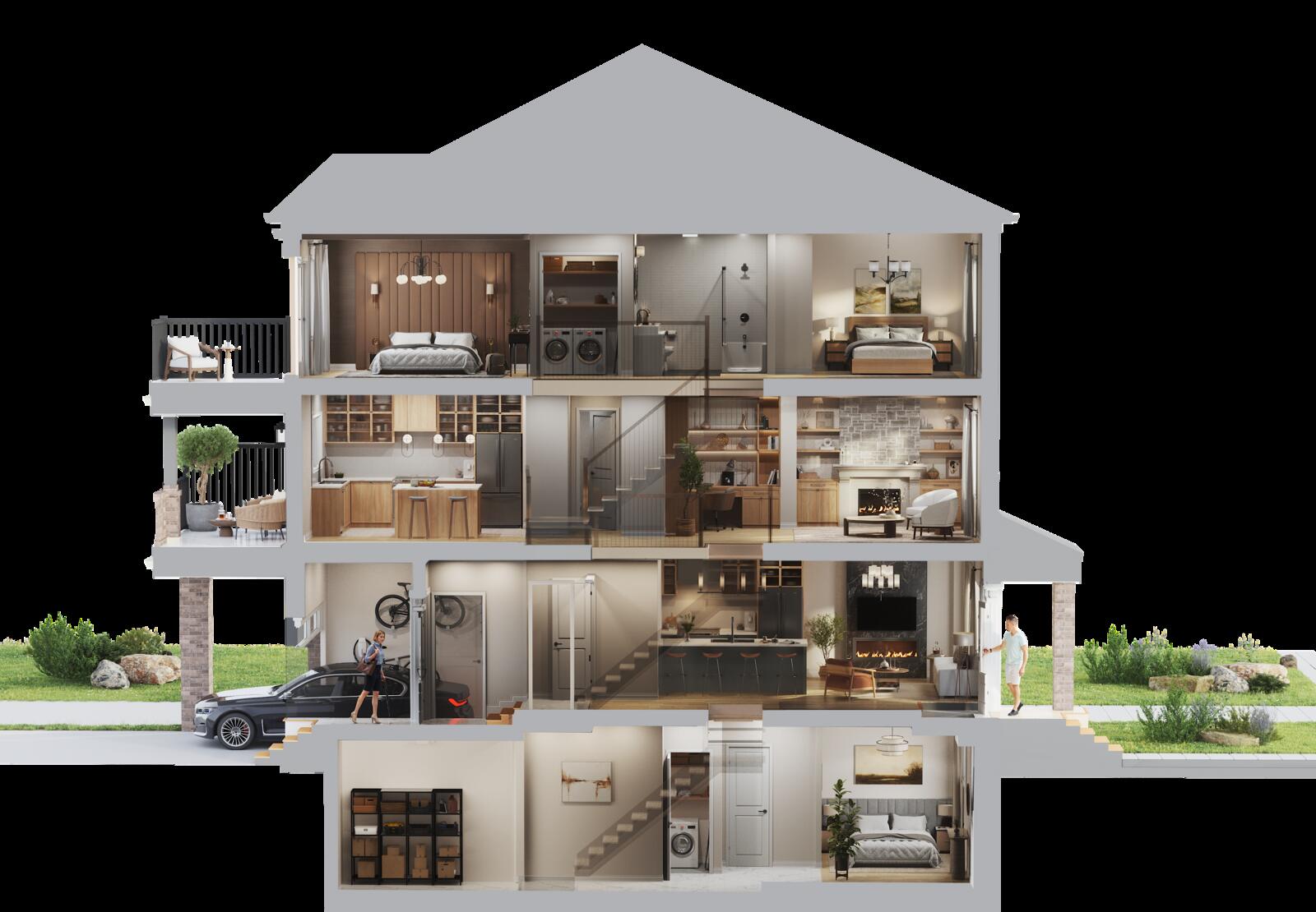 Cut-away illustration of an Advantage Townhome showing the upper and lower residences