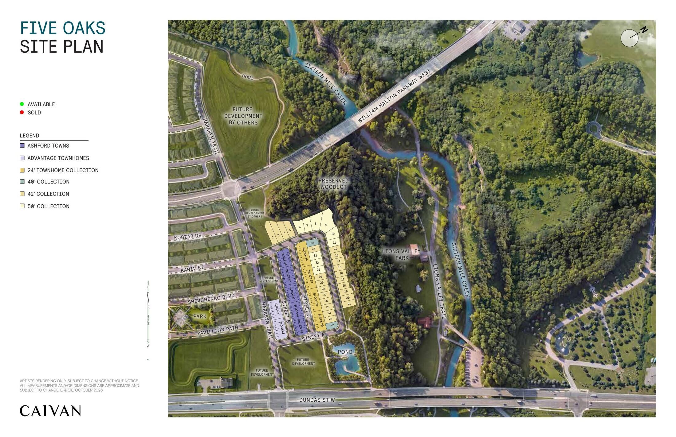 Five Oaks site plan showing Ashford, Advantage and 24' townhomes and the 40', 42' and 50' detached collections beside Lions Valley Park